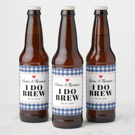 Navy Blue and White Gingham I Do Brew Wedding ビールラベル (ボトル)