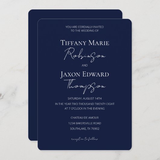 Navy Blue and White Minimalist Elegance Wedding 招待状 (正面/裏面)