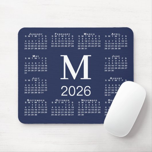 Navy Blue and White Monogram 2026 Calendar マウスパッド (マウス)