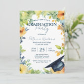 Navy Blue And Yellow Watercolor Floral Graduation  招待状 (スタンド正面)