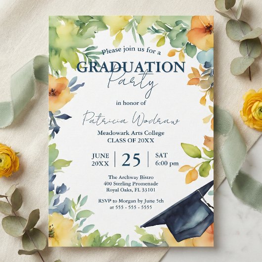 Navy Blue And Yellow Watercolor Floral Graduation  招待状