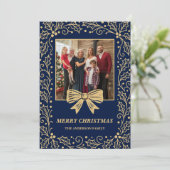 Navy Blue Antique Gold Bow Family Christmas Photo シーズンカード (スタンド正面)