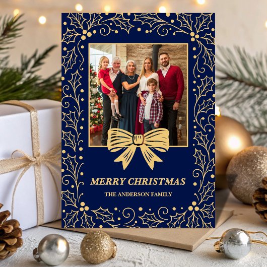 Navy Blue Antique Gold Bow Family Christmas Photo シーズンカード