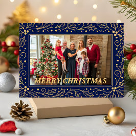 Navy Blue & Antique-Gold Family Christmas Photo シーズンカード