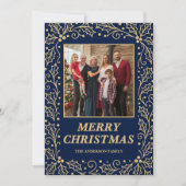 Navy Blue & Antique-Gold Family Photo Christmas シーズンカード (正面)