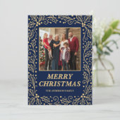 Navy Blue & Antique-Gold Family Photo Christmas シーズンカード (スタンド正面)