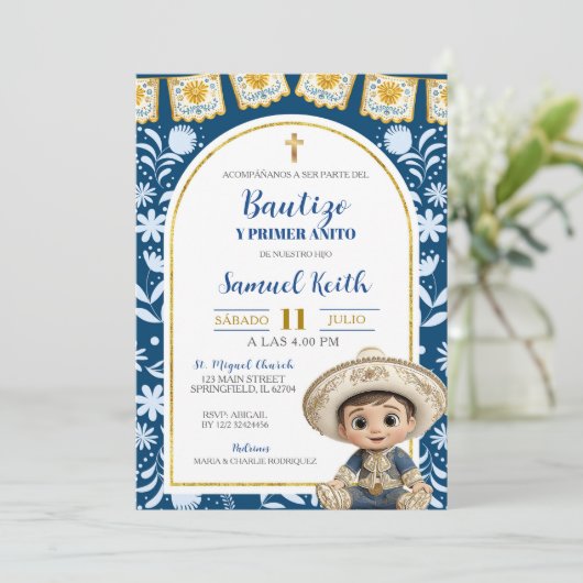 Navy Blue Arch Cielito Lindo Baptism 1st Birthday 招待状 (スタンド正面)