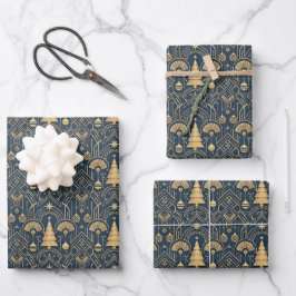 Navy Blue Art Deco Christmas Tree Pattern ラッピングペーパーシート