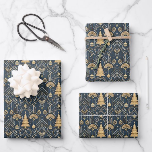 Navy Blue Art Deco Christmas Tree Pattern ラッピングペーパーシート (正面)