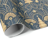 Navy Blue Art Deco Christmas Tree Pattern ラッピングペーパー (ロールコーナー)