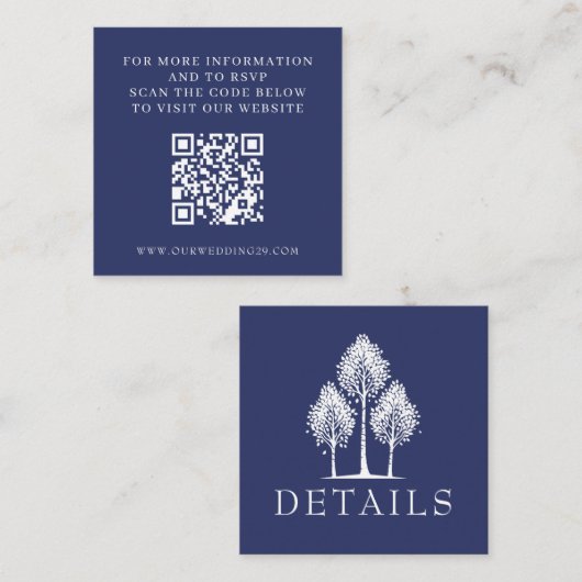 Navy Blue Aspen Tree Wedding QR エンクロージャーカード (正面/裏面)
