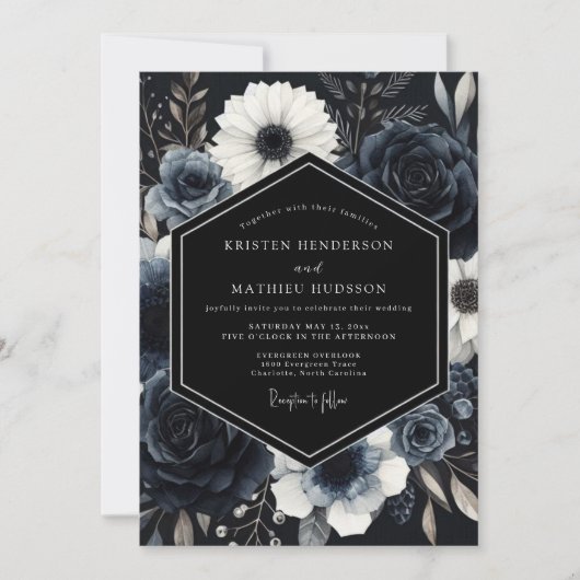 Navy Blue Atmospheric Winter Wedding 招待状 (正面)