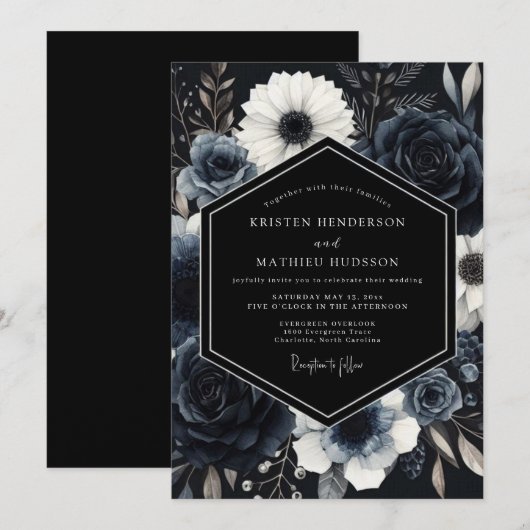 Navy Blue Atmospheric Winter Wedding 招待状 (正面/裏面)