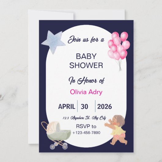 Navy Blue Baby Shower Invitation | Watercolor  招待状 (正面)
