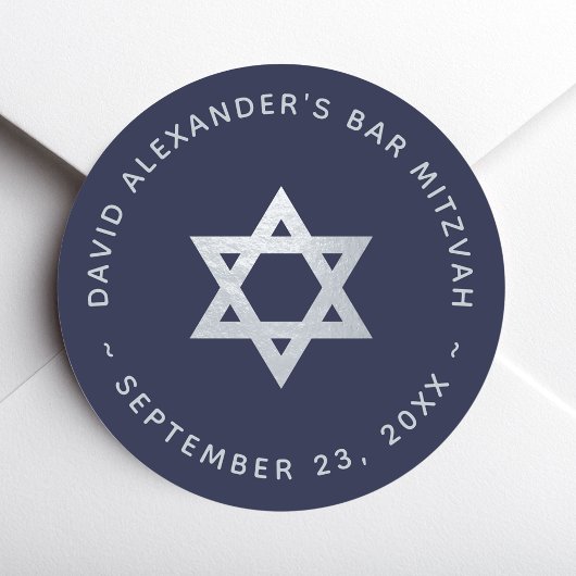 Navy Blue Bar Mitzvah - Faux Silver Star of David ラウンドシール