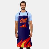 Navy blue BBQ apron with red hot fire flames エプロン (着用した状態)