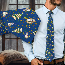 Navy Blue Beach Christmas Snowman Pattern neck tie ネクタイ