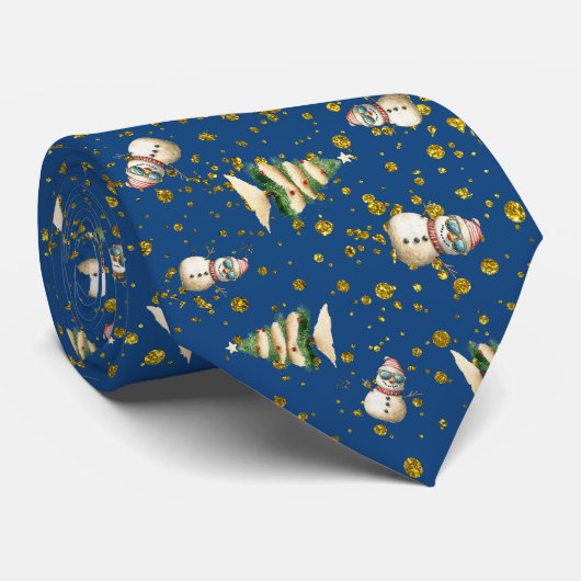 Navy Blue Beach Christmas Snowman Pattern neck tie ネクタイ (ロール)