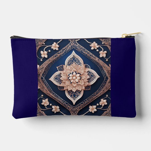 Navy blue & beige floral patterns AI art  アクセサリーポーチ (裏面)