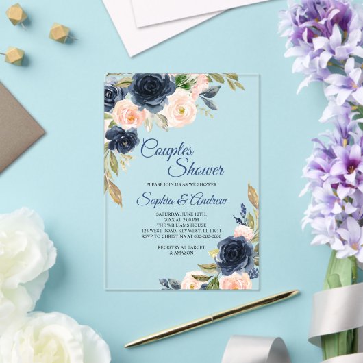 Navy Blue & Blush Floral Couples Shower Invitation アクリル招待状 (インサイチュ (ウェディング))