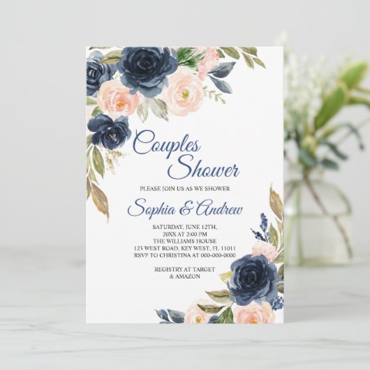 Navy Blue & Blush Floral Couples Shower Invitation 招待状 (スタンド正面)