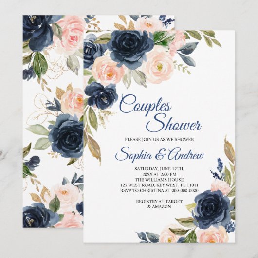 Navy Blue & Blush Floral Couples Shower Invitation 招待状 (正面/裏面)
