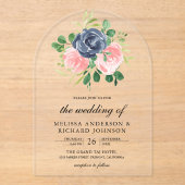 Navy Blue Blush Pink Floral Wedding アクリル招待状 (正面)
