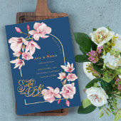 Navy Blue Blush Pink Magnolia Floral Save the Date 招待状