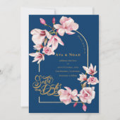 Navy Blue Blush Pink Magnolia Floral Save the Date 招待状 (正面)