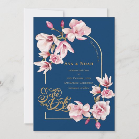 Navy Blue Blush Pink Magnolia Floral Save the Date 招待状 (正面)