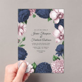 Navy Blue & Blush Pink Modern Botanical Wedding アクリル招待状 (インサイチュ (ポータブル))