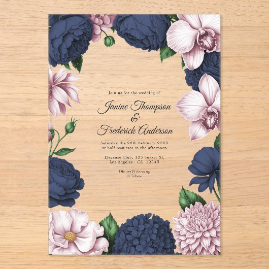 Navy Blue & Blush Pink Modern Botanical Wedding アクリル招待状 (正面)