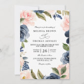 Navy Blue Blush Pink Rose Boho QR Code Wedding 招待状 (正面)