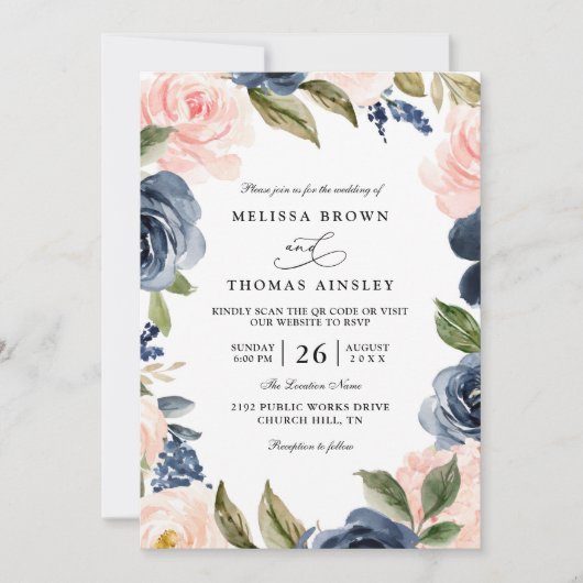 Navy Blue Blush Pink Rose Boho QR Code Wedding 招待状 (正面)