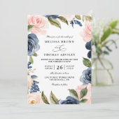 Navy Blue Blush Pink Rose Boho QR Code Wedding 招待状 (スタンド正面)
