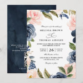 Navy Blue Blush Pink Rose Boho QR Code Wedding 招待状 (正面/裏面)