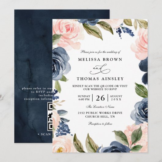 Navy Blue Blush Pink Rose Boho QR Code Wedding 招待状 (正面/裏面)