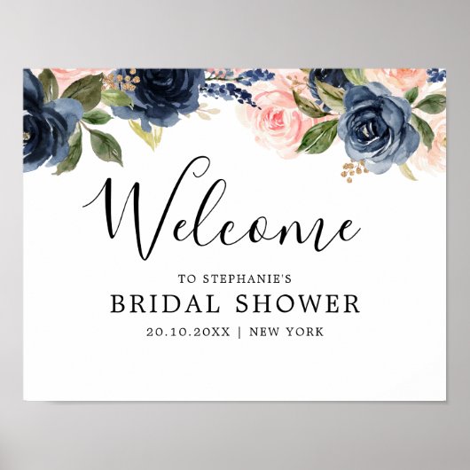 Navy Blue Blush Pink Rose Bridal Shower Welcome ポスター (正面)
