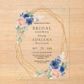 Navy Blue Blush Pink Roses Geometric Bridal Shower アクリル招待状 (正面)