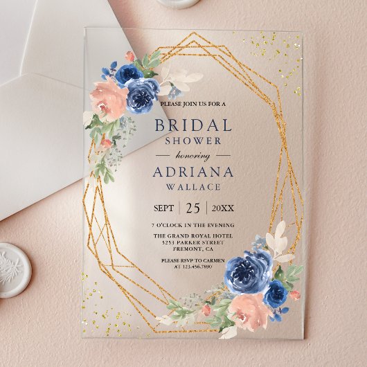 Navy Blue Blush Pink Roses Geometric Bridal Shower アクリル招待状