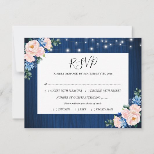 Navy Blue Blush Pink String Lights Floral Wedding 出欠カード (正面)