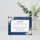Navy Blue Blush Pink String Lights Floral Wedding 出欠カード (スタンド正面)