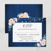 Navy Blue Blush Pink String Lights Floral Wedding 出欠カード (正面/裏面)