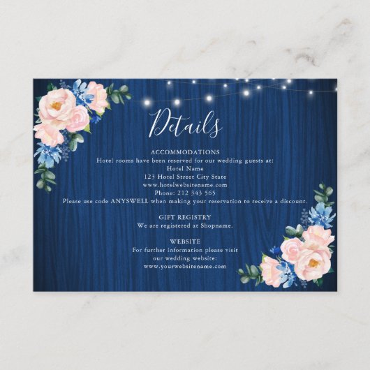 Navy Blue Blush Pink String Lights Wedding Details エンクロージャーカード (正面)