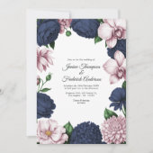Navy Blue & Blush Watercolor Floral Wedding 招待状 (正面)
