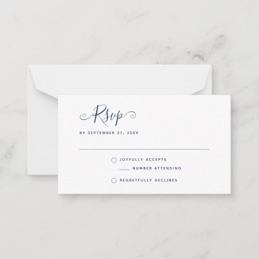 Navy Blue Boho Stylish Script RSVP Wedding ノートカード (正面)