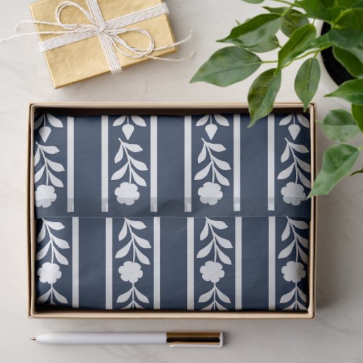 Navy Blue Bone Inlay Floral Border Decoupage Paper 薄葉紙 (ギフト)