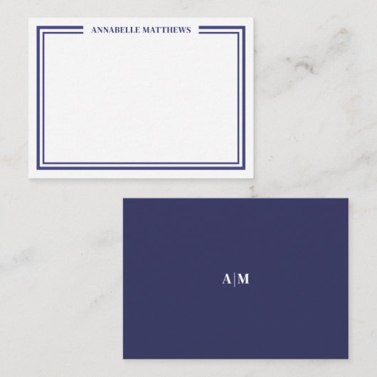 Navy Blue Border Minimalist Name Monogram ノートカード (正面/裏面)