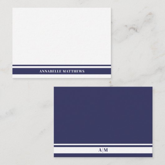 Navy Blue Border Minimalist Name Monogram ノートカード (正面/裏面)