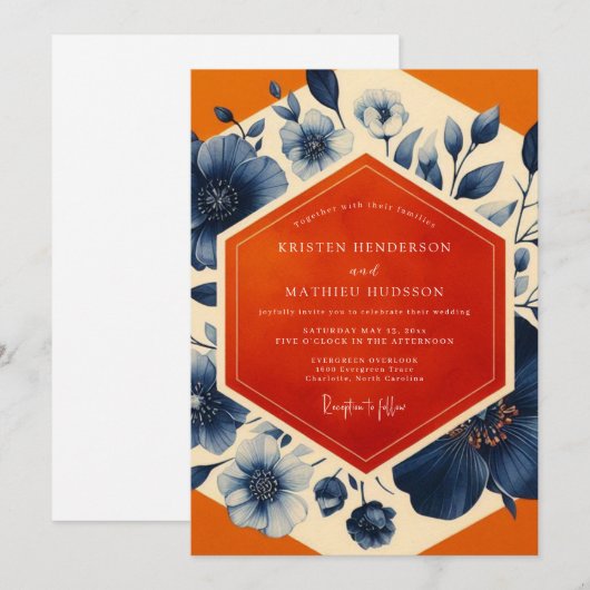 Navy Blue Botanical Romance Wedding 招待状 (正面/裏面)